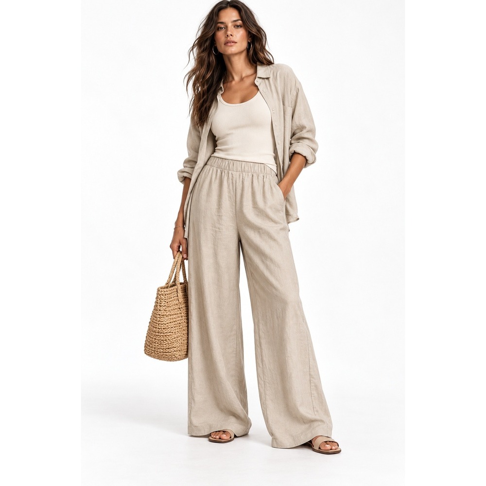 H&M Linen Blend Wide Leg Pants Beige Oatmeal Elastic Waist Womens Large NWT